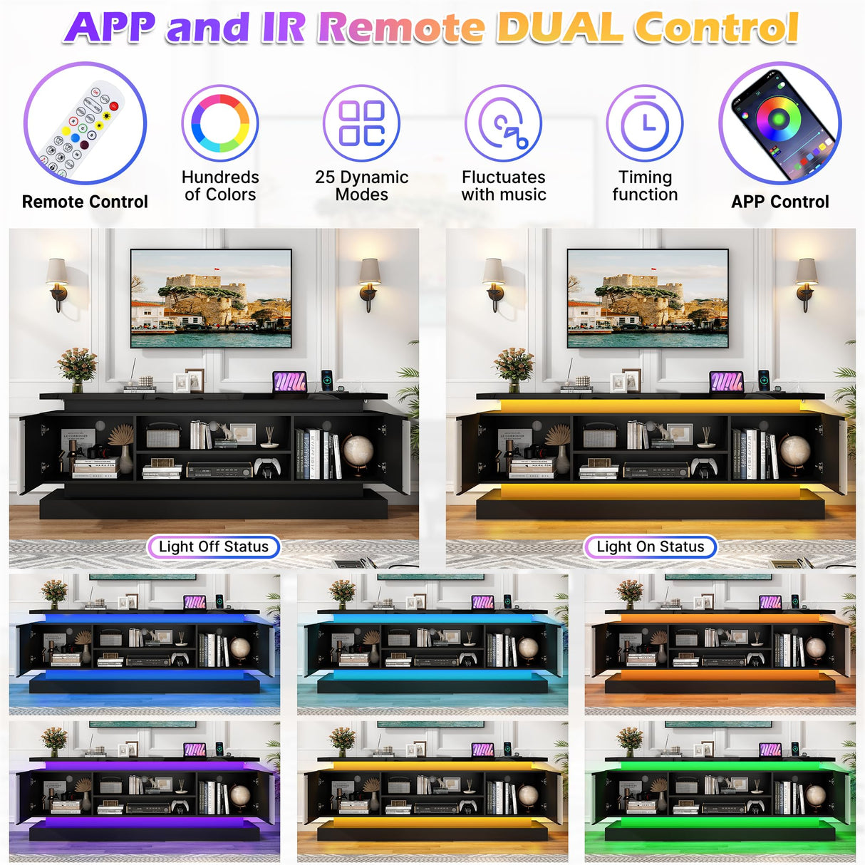 71IN LED TV Stands w/Power Outlet for 85/80/75 Inch TV,High Glossy Modern TV Console Gaming Entertainment Center with 2 Storage Cabinets,Dual LED Lights Strips for Living Room,Bedroom,Black chartustriable