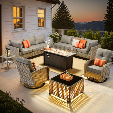 Outdoor Sectional Patio Furniture Set with Fire Pit Table and Swivel Rocking Chairs,11 Pieces Wicker Conversation Sets L Shaped Couch Out Door Sofa Outside Furniture for Garden Deck Yard,Dark Grey POUUIN