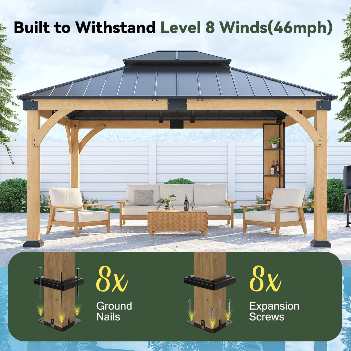 ZIENLIFE 12x14 ft Cedar Wood Gazebo with Sunlight Roof &Storage Cabinet, Hardtop Gazebo with Galvanized Steel Double Roof, Heavy Duty Pavilion for Patio Lawn and Garden ZIENLIFE