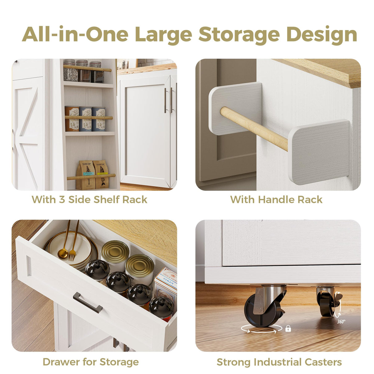 IRONCK Kitchen Island Table with Storage, Rolling Kitchen Cart with Power Outlet, Storage Cabinets on Wheels with Drop Leaf, Portable for Dining Room, White IRONCK