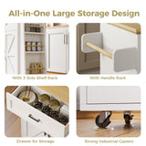 IRONCK Kitchen Island Table with Storage, Rolling Kitchen Cart with Power Outlet, Storage Cabinets on Wheels with Drop Leaf, Portable for Dining Room, White IRONCK