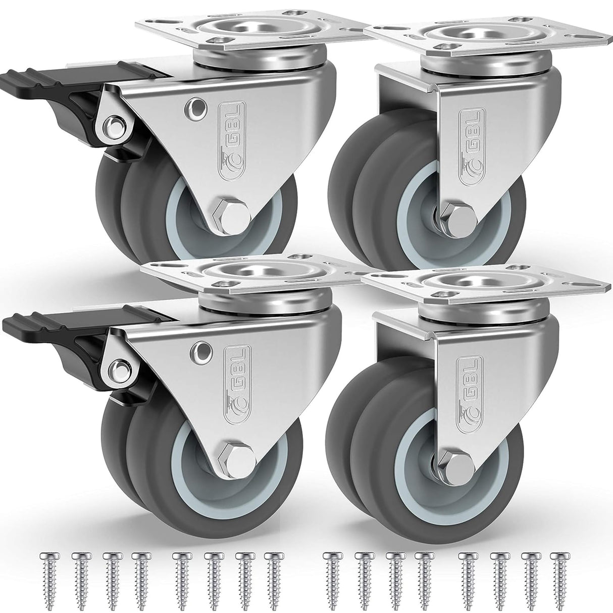 GBL 2 inch Casters Set of 4 Heavy Duty with 2 Locking Brakes + Screws - Up to 880Lbs - Swivel Caster Wheels - No Floor Marks Silent Plate Casters - Silver Castor GBL