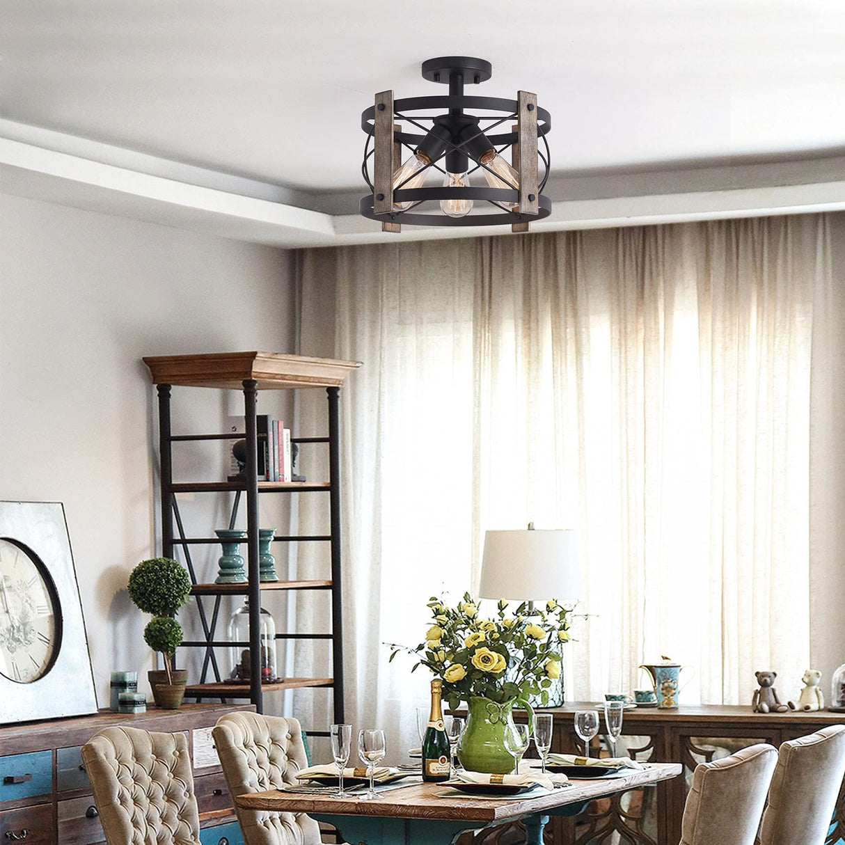 Bargeni Flush Mount Light Fixture,13-inch Rustic Ceiling Light Fixture,Matte Black Finish,3-Light Farmhouse Light Fixtures for Living Room,Kitchen,Bedroom,Dining Room,Foyer,Hallway Bargeni