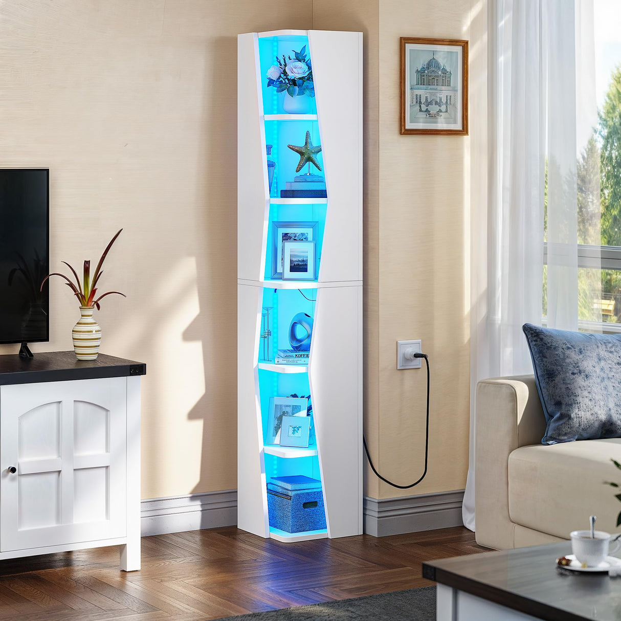 YITAHOME 71.45" Bookcase, 6 Shelves Corner Bookshelf with LED Light Modern, Tall Narrow Display Shelves, Wooden Free Standing Shelf, with Storage Organizer for Bedroom, Living Room, Home Office, White YITAHOME