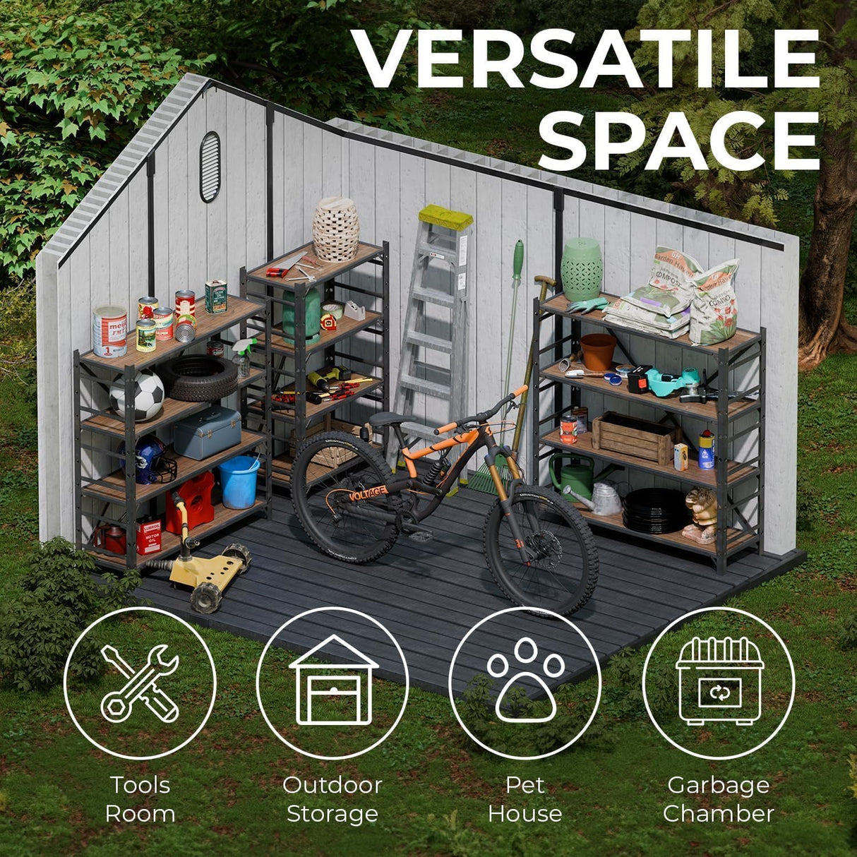 EconoHome 8x8 Ft Outdoor Storage Shed with Floor - Waterproof Shed with Lockable Door for Garden - Backyard, Tool Storage Use - Grey EconoHome