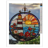 MHELC Diamond Painting Set Stained Glass Lighthouse, Sunrise and Flowers Adult Landscape Set, Glass Painting Suitable for Home Decoration, Digital Artwork and Leisure Activities 12x16 Inches MHELC