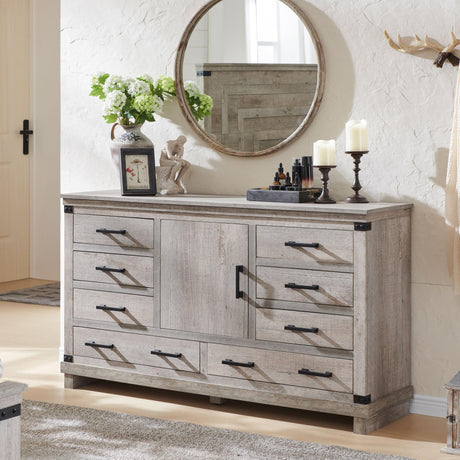 T4TREAM Farmhouse 8 Drawers Dresser for Bedroom, 54" Wide Wood Chest of Drawers w/Storage Cabient & Adjustable Shelf, Rustic Dressers Organizer for Living Room, Hallway, Light Rustic Oak T4TREAM