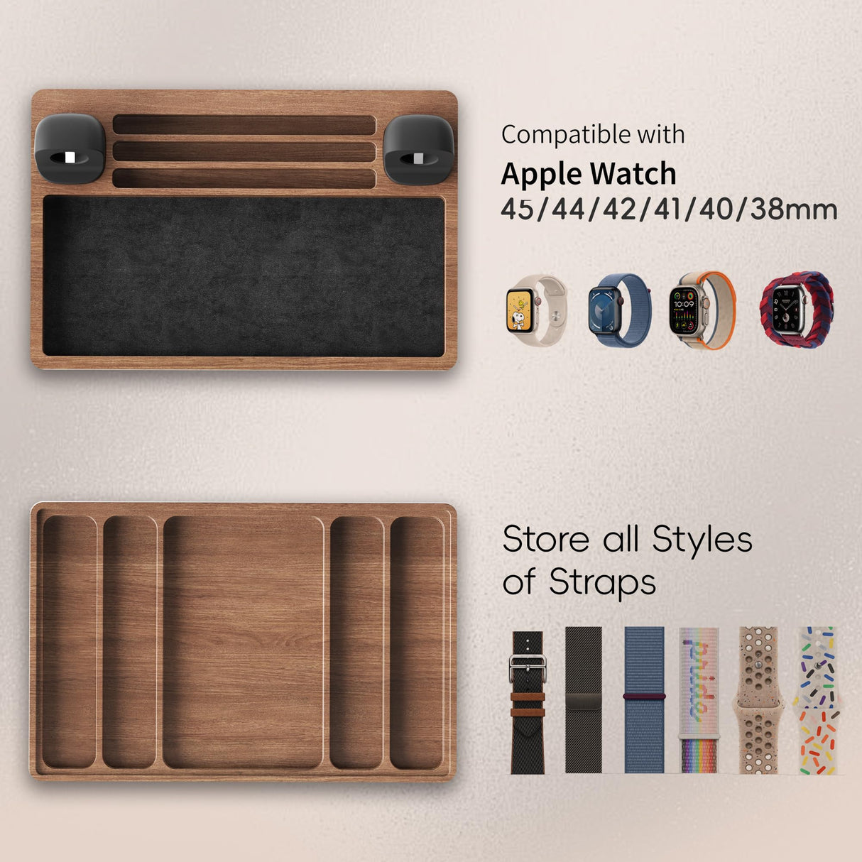 AFOOYO 2 Tier Wood Watch Band Organizer - Charger Stand Compatible with All Apple Watch Series and Stackable Bands Display Watches Storage Case Tray(Walnut) AFOOYO