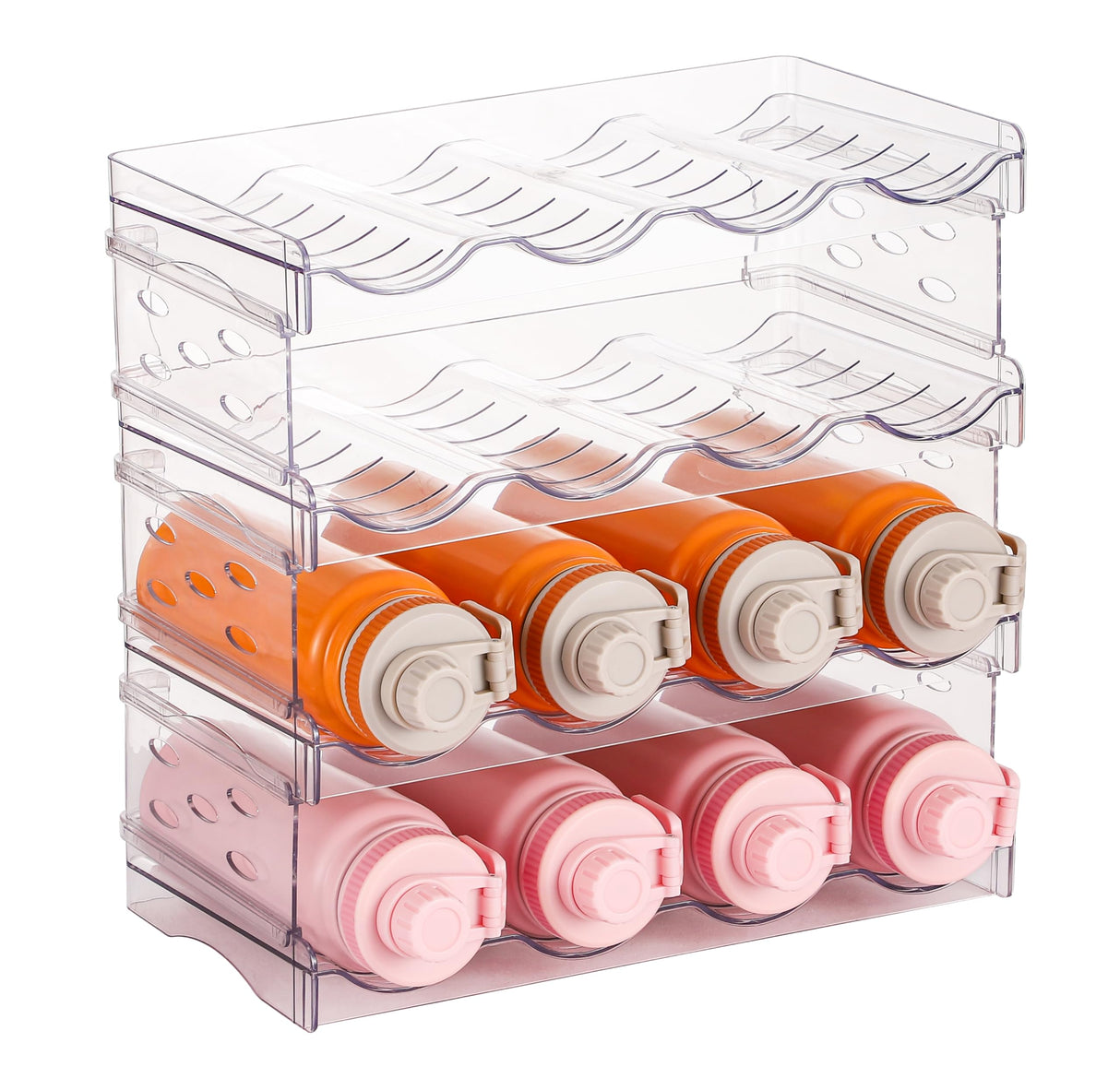 IEEK Plastic Stackable Bottle Storage Holder Rack Holds 16 Bottles,Free-Standing Water Bottle/Wine and Drink Organizer Shelf for Kitchen Cabinet,Fridge,Countertop,Pantry,Freezer,4 PackX4 Bottles,Clear IEEK