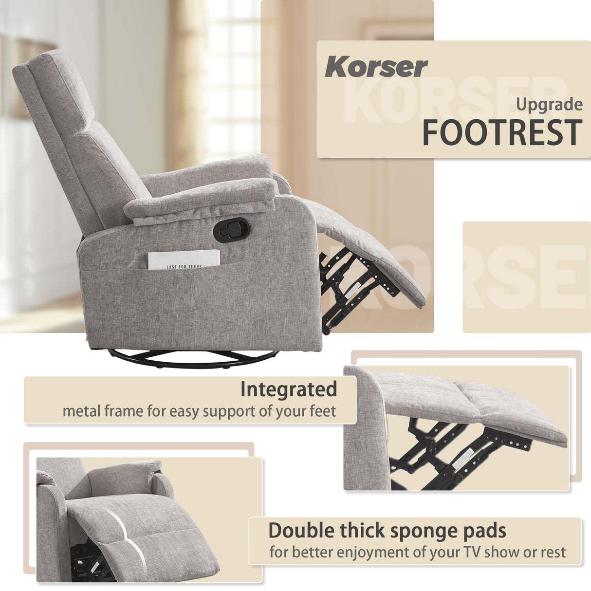 Korser Recliner Chairs, Swivel Rocking Recliner Chair for Adults, Glider Rocking Chair, Small Nursery Recliner for Living Room, Reclining with Modern-Designed Armrests, Chenille, Grey Korser