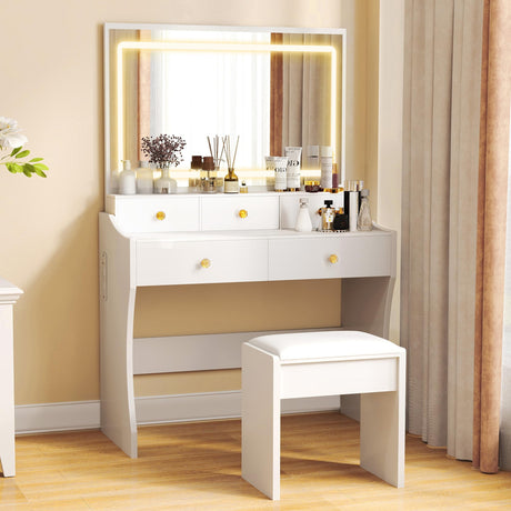 COMHOMA Makeup Vanity Desk with Mirror and Lights, Vanity Table and Chair Set with 5 Drawers and Charging Station, Bedroom Dresser LED Mirror Stepless Dimmable & 3 Color Modes Adjustable, White COMHOMA