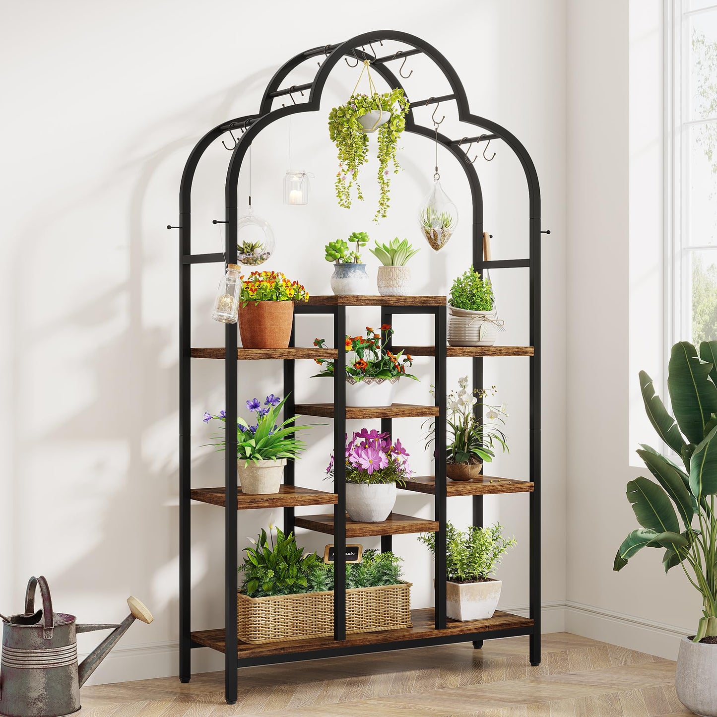 Tribesigns 6 -Tier Plant Stand Indoor, 74.8" Tall Arched Metal Plant Shelf with 10 Hanging Hooks, Multi-Purpose Large Flower Bonsai Pots Display Rack for Indoor, Garden, Balcony, Living Room, - WoodArtSupply