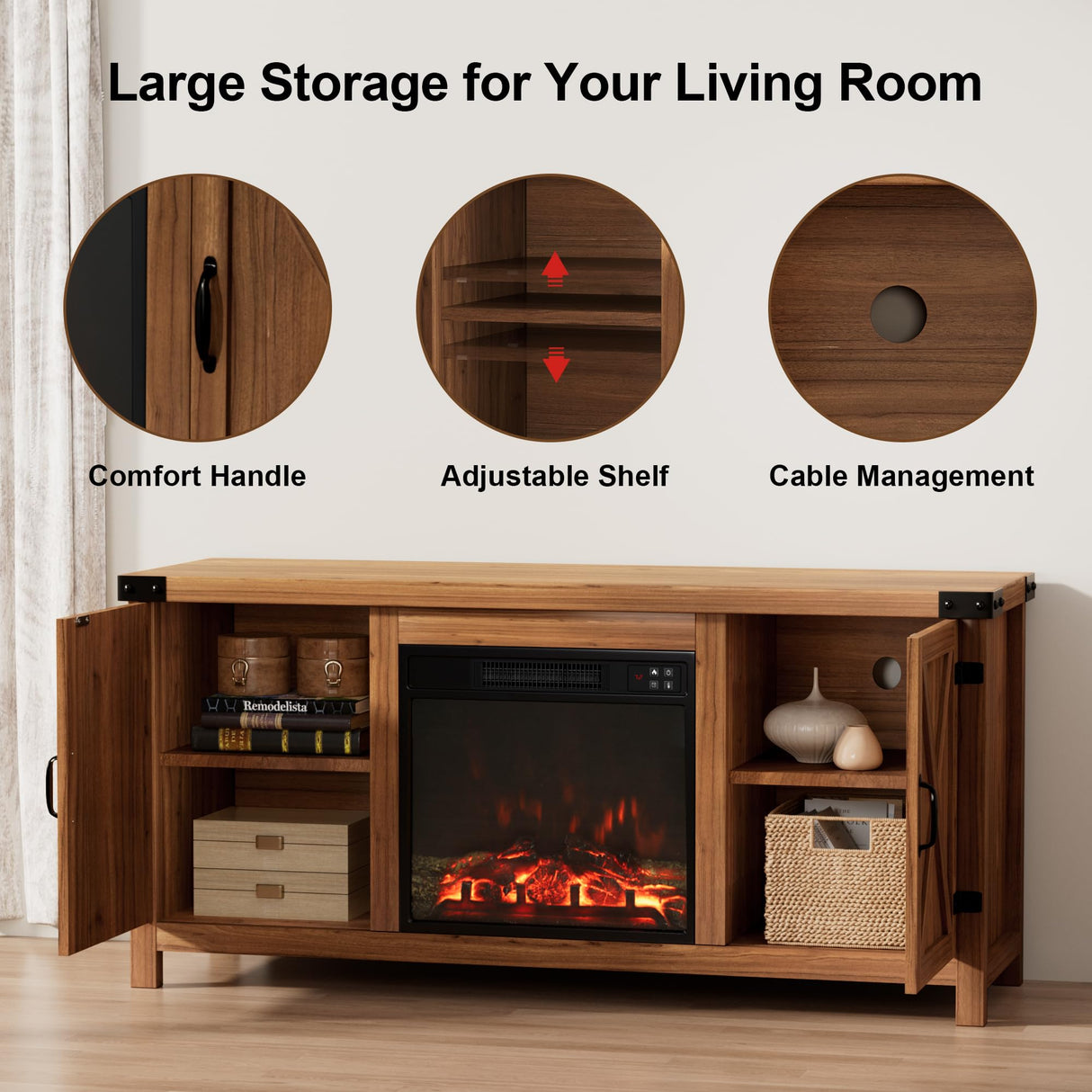 Furmax Fireplace TV Stand for Up to 65 Inches TVs, Farmhouse Entertainment Center with Grooved Barn Doors, Rustic Media Console Table with Storage Cabinets for Living Room (Barnwood) Furmax