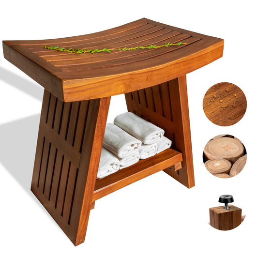 Curved & Durable Teak Shower Bench That Doubles As Teak Shower Stool & Teak Shower Seat. A Great Shower Chair for Inside Shower - Fully Assembled - 18inches - Mikha