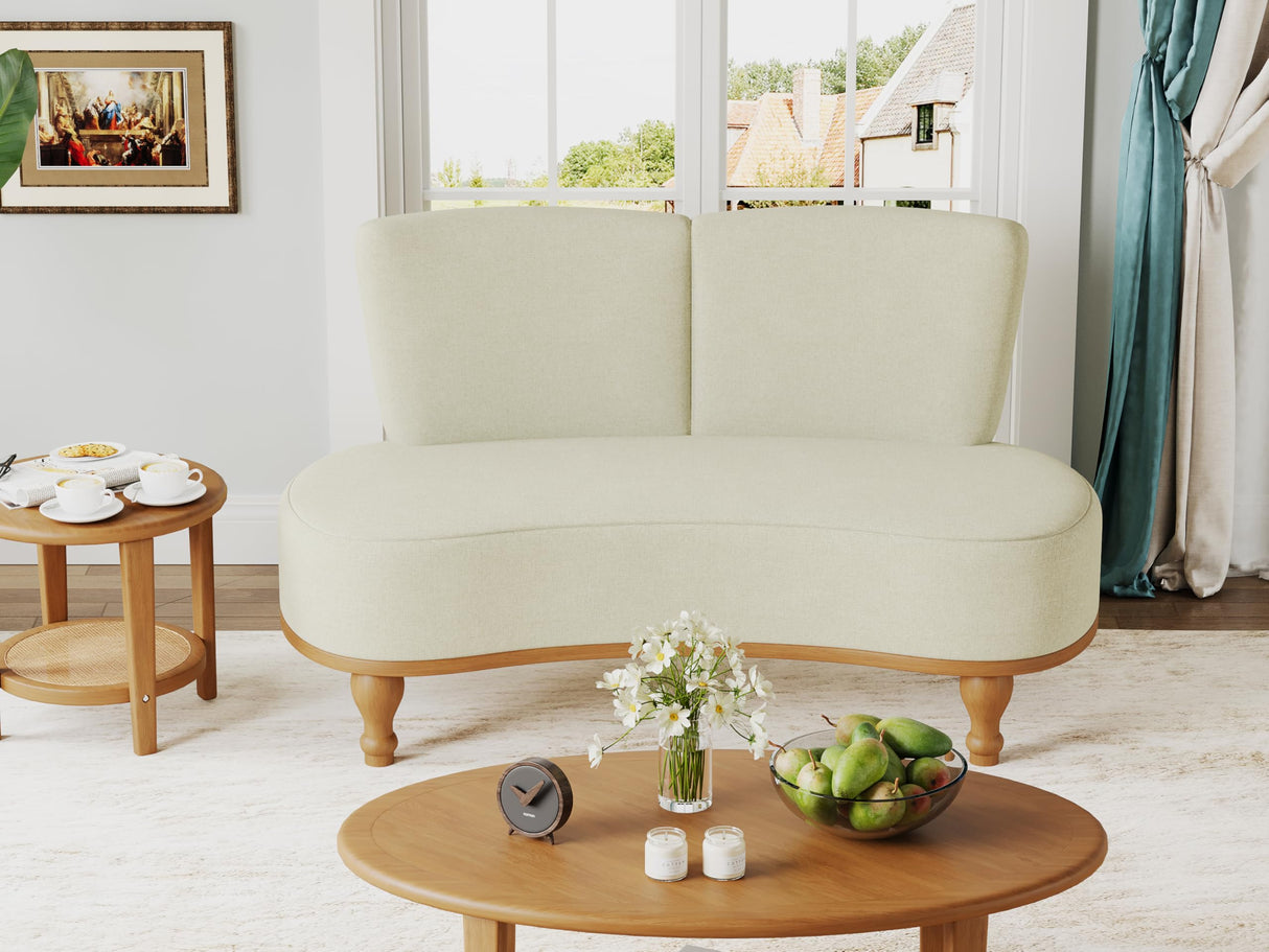 ALISH 49" Small Loveseat Sofa Settee Curved Sofa Couch Upholstered Dining Banquette Bench with Backrest and Wooden Legs for Dining Room Living Room Bedroom Funiture, Ivy ALISH