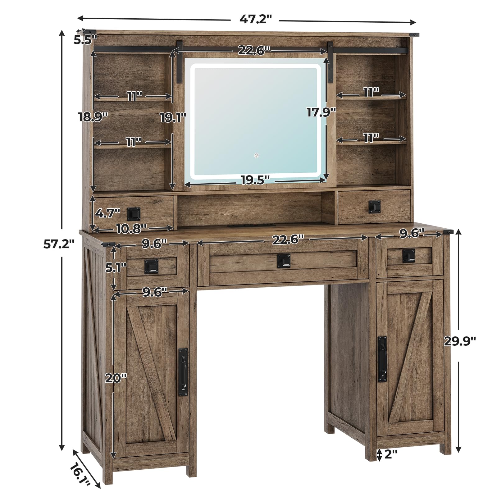 MSmask Vanity Desk with Sliding Lighted Mirror, Makeup Vanity with Lights & Charging Station, Farmhouse Large Vanity Dressing Table with 5 Drawers & Hidden Space, Adjustable Storage Shelves - WoodArtSupply