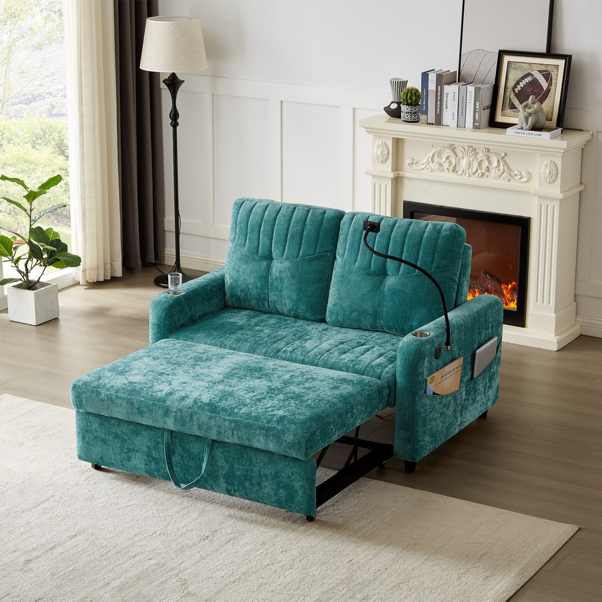Merax 54" Convertible Sleeper Sofa Bed, Chenille 3-in-1 Pull Out Futon Couch Loveseat with Adjustable Backrest, 2 Cup Holders, Phone Stand, 3 Charging Ports and Storage Pockets for Living Room, Teal Merax