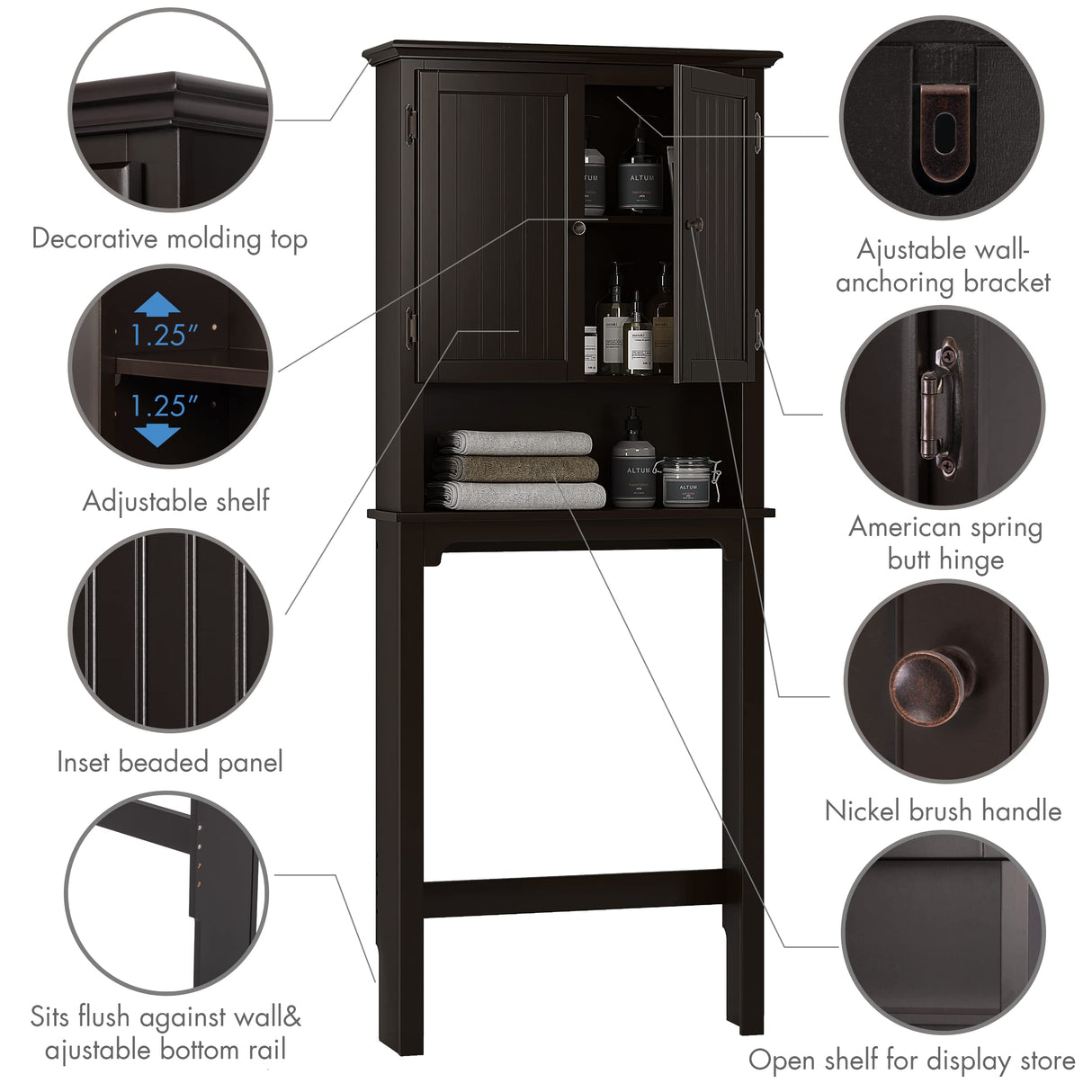 UTEX Bathroom Storage Over The Toilet, Above Toilet Storage Cabinet Organizer with Adjustable Shelves and Double Doors, Espresso UTEX