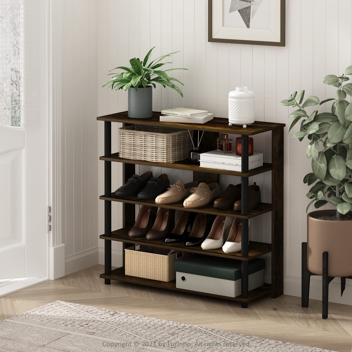 Furinno Turn-N-Tube 5 Tier Wide Shoe Rack, Amber Pine/Black Furinno