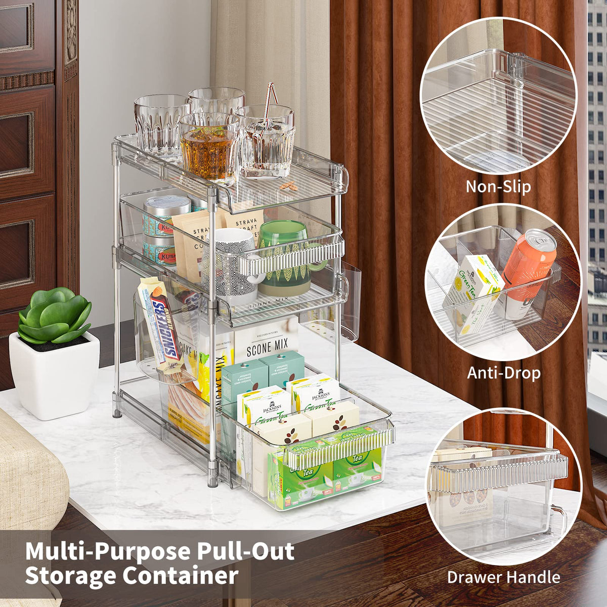 Clear Bathroom Organizers 2 Sets 3 Tier, Pull Out Organizer and Storage with 2 Cups, Slide Out Drawer Storage Container with 6 Dividers, Multi-Purpose Bathroom Organizer, Kitchen Under Sink Organizer WAKISA