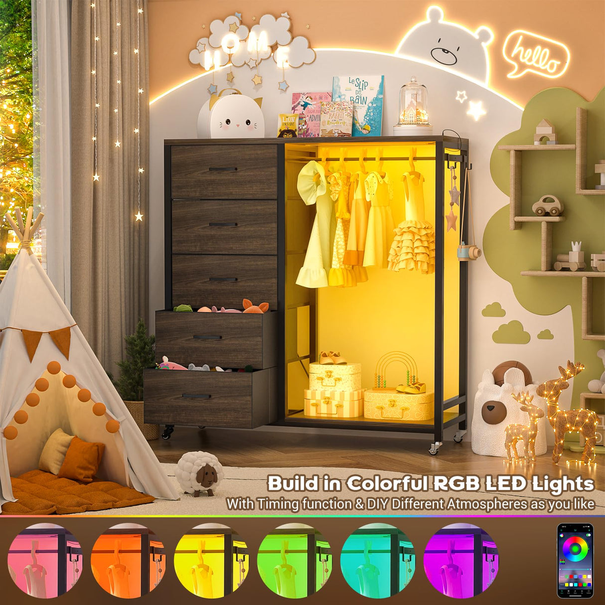 Cyclysio Dresser with Hanging Rack, 5 Fabric Drawers Dresser with Clothes Rack, Wooden Top Storage Chest of Drawers with Charging Station & LED Lights, Lockable Wheels, Closet Cyclysio