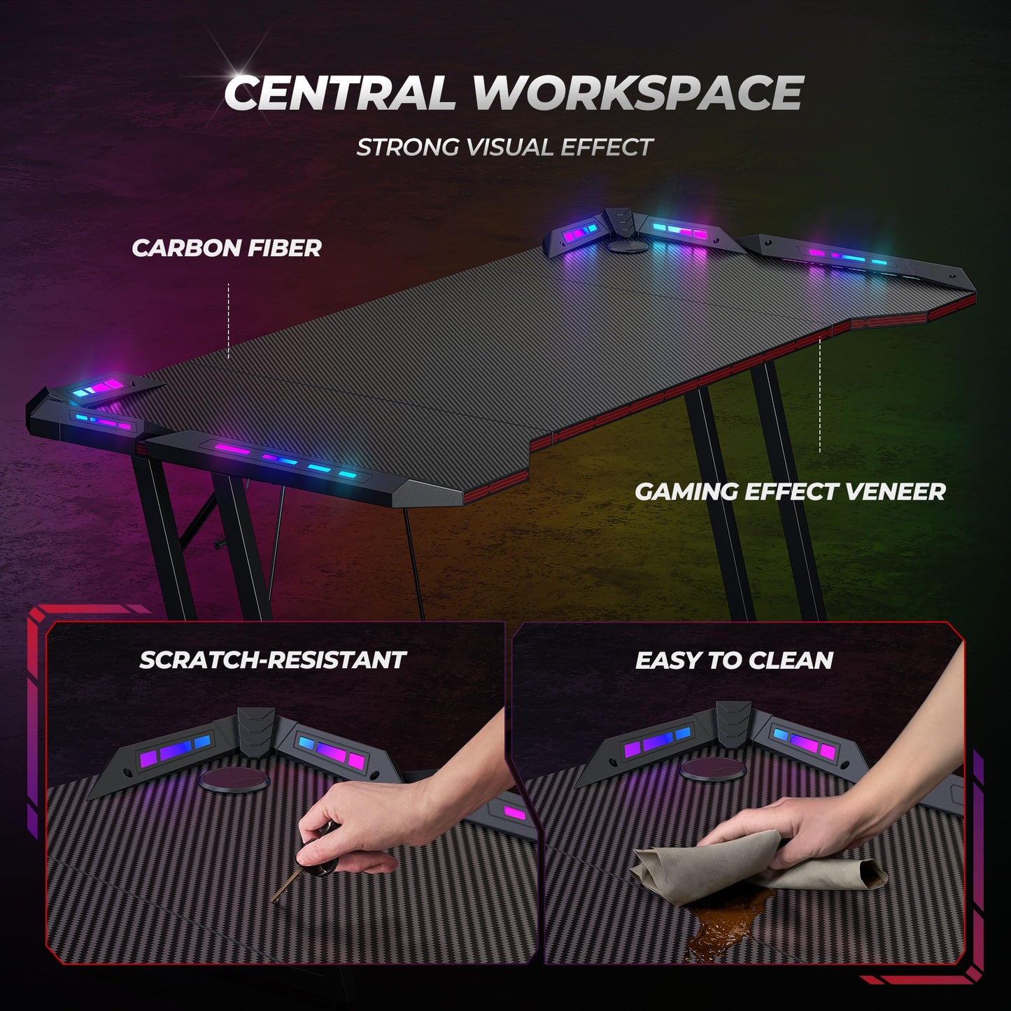 CubiCubi Gaming Desk with LED Lights, 63 Inch Z Shaped Gamer Desk, Home Game Computer Desk with Carbon Fiber Surface, Ergonomic Office PC Workstation with Cable Management, Black