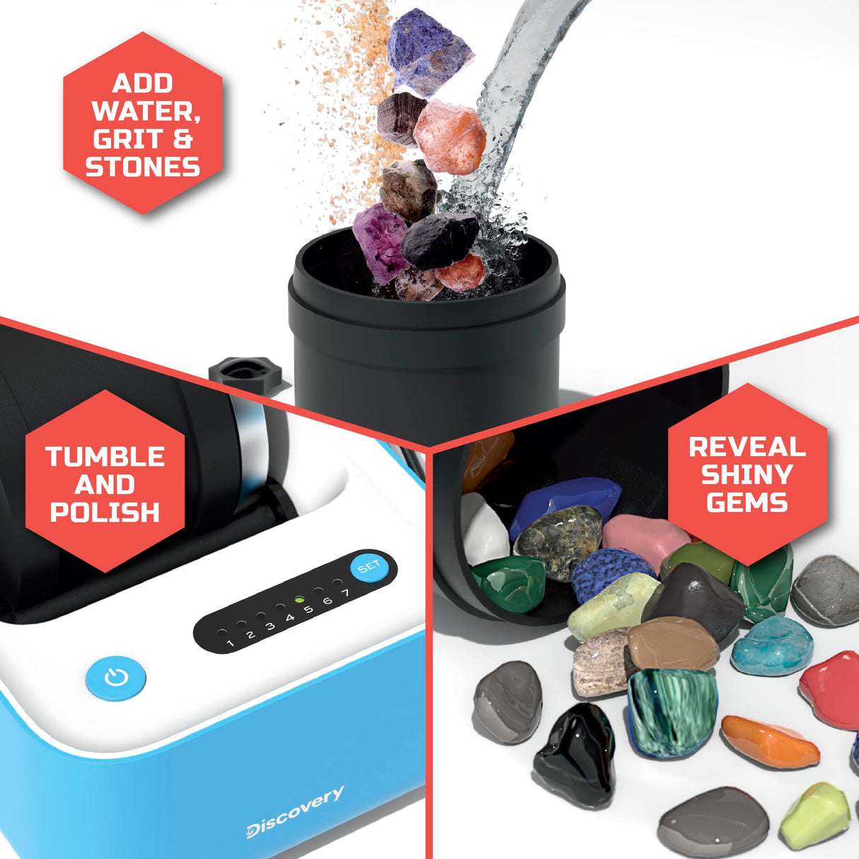 Discovery™ #MINDBLOWN Rock Tumbler Deluxe Set – Stone Polishing Kit with Rocks, 4 Grits, Gem Case| STEM Science Project Kit for Kids & Beginners| Fun Craft Kit Gift| Cool Toy for Boys & Girls Ages 8+ Discovery Kids