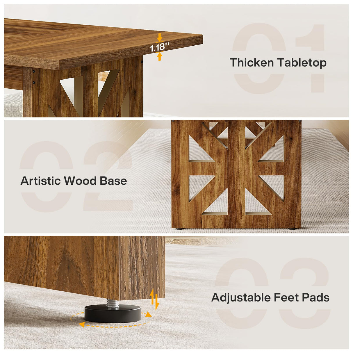 Tribesigns 62.4" Farmhouse Dining Table for 4-6 People, Rectangular Wooden Kitchen Dinner Table with Double Robust Pedestal for Dining Room, Living Room, Kitchen, Brown Tribesigns