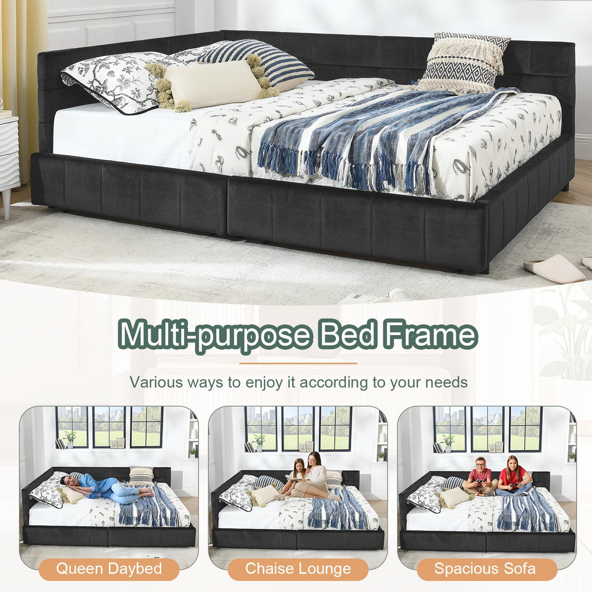 Queen Daybed with Storage Drawers, Modern Corner Tufted Velvet Upholstered Queen Size Sofa Day Bed Frame with Wooden Slats for Bedroom Guest Room Living Room, No Spring Boxes Needed, Black Antetek