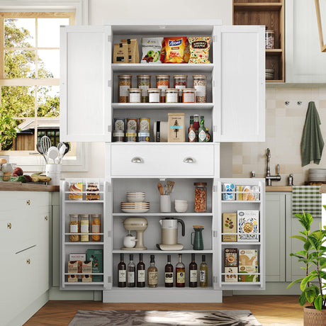 FACBOTALL Kitchen Pantry Cabinet, 71” Tall Storage Cabinet with 4 Doors and 1 Drawer, Freestanding Cupboard with 6 Hanging Shelves, Utility Kitchen Cabinet for Kitchen, Dining Room, White FACBOTALL