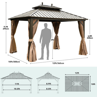 YITAHOME 10x12ft Hardtop Gazebo with Nettings and Curtains, Heavy Duty Double Roof Galvanized Steel Outdoor Combined of Horizontal Vertical Stripes Roof for Patio, Backyard, Deck, Lawn (Bronze)