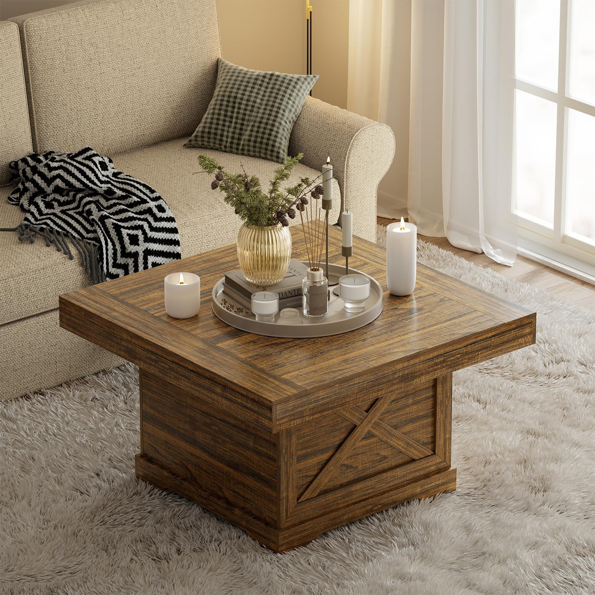 Lareth Coffee Table 31.5 in Rustic Center Table with X Design Wooden Pedestal for Living Room, Small Square Home Office Tea Accent Table for Dining Room Apartment, Walnut Lareth