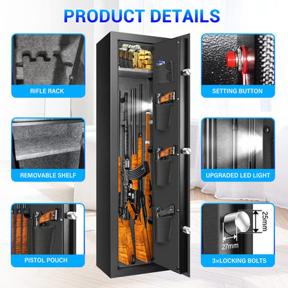 Fireproof Gun Safes for Home Rifle and Pistols, Heavy Duty Anti-Theft Long Gun Safes for Rifles and Shotguns with 3 Pistol Pockets, Gun Safe Rifle with LCD Digital Screen Removable Shelf(US Stock)