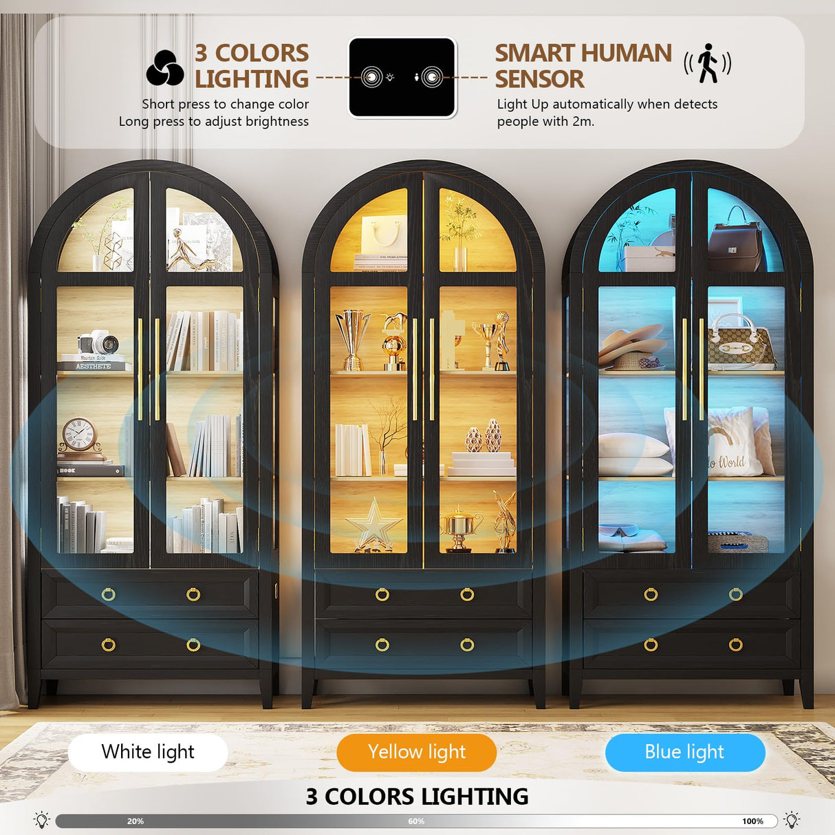 LVSOMT 71" Tall Arched Storage Cabinet with Glass Doors and Drawers, Curio Display Cabinet with Adjustable LED Light & Human Sensor, 4-Tier China Cabinet for Living Room(Black+Wood) LVSOMT