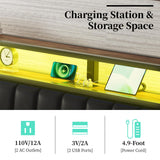 LUXOAK Rustic Brown King Size Metal Bed Frame with LED Light and PU Leather Headboard, Charging Station & 2-Tier Storage LUXOAK