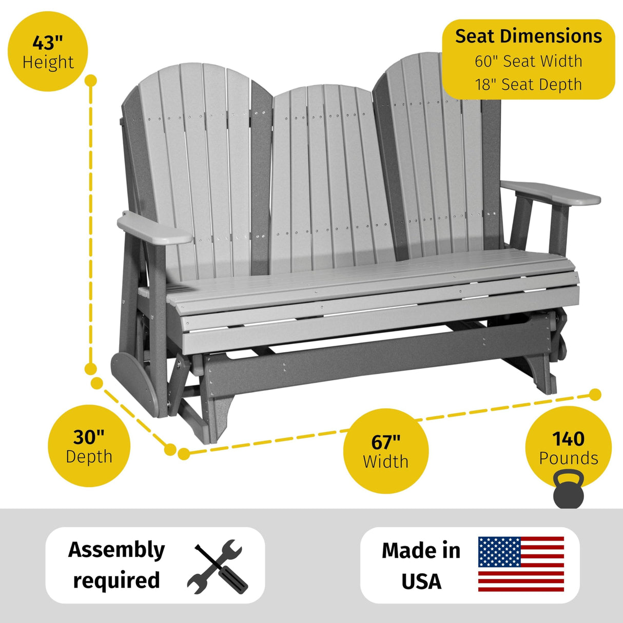 LuxCraft 5' Adirondack Double Glider Bench, 2 Person Glider Chair, Outdoor Glider Bench, Outdoor Loveseat Glider (Dove Gray on Black) LuxCraft