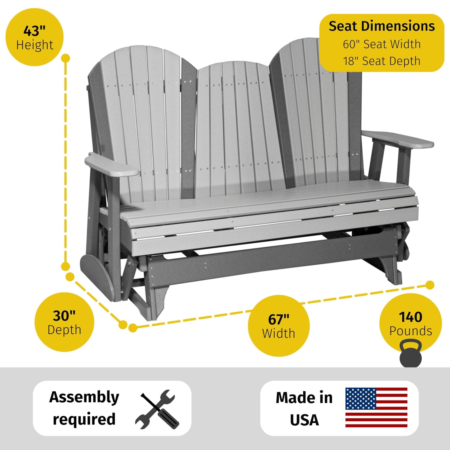 LuxCraft 5' Adirondack Double Glider Bench, 2 Person Glider Chair, Outdoor Glider Bench, Outdoor Loveseat Glider (Dove Gray on Black) - WoodArtSupply