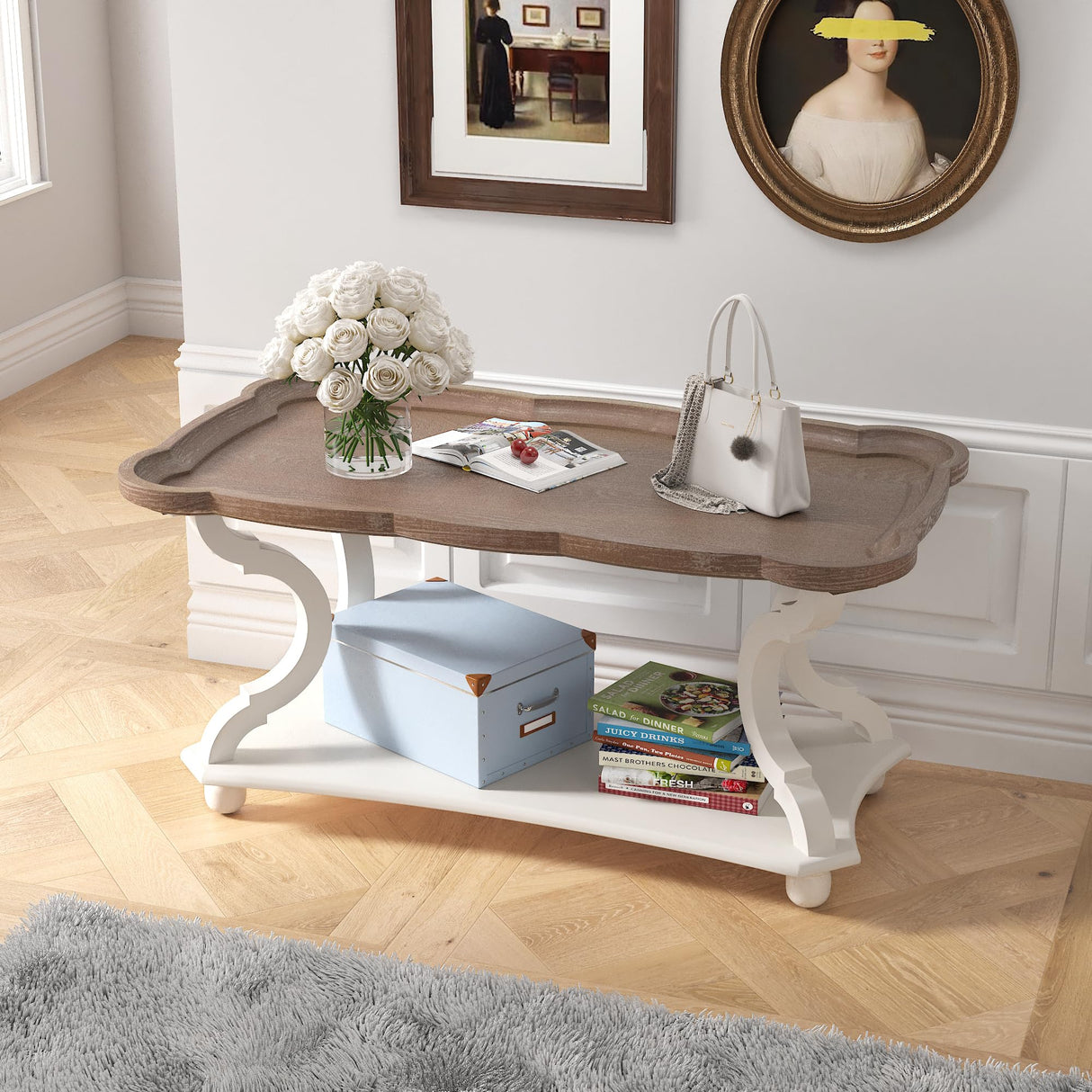 Function Home Farmhouse Coffee Table, Modern Cocktail Table with Storage Shelf, Sofa Table with Natural Tray Top and Carved Legs for Living Room, Bedroom, Dining Room in Vintage White Function Home