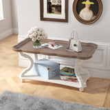 Function Home Farmhouse Coffee Table, Modern Cocktail Table with Storage Shelf, Sofa Table with Natural Tray Top and Carved Legs for Living Room, Bedroom, Dining Room in Vintage White Function Home