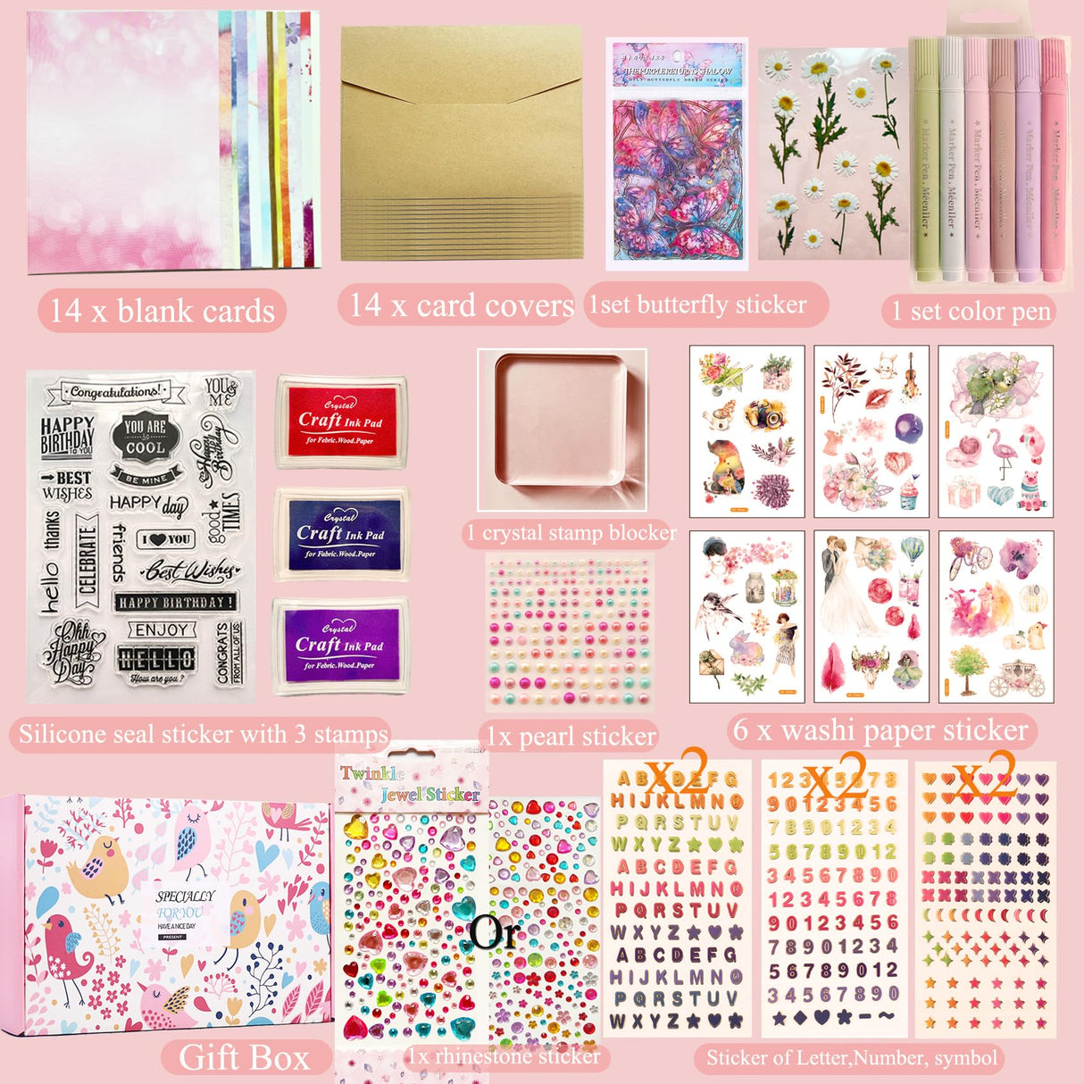 Card Making Supplies For Adults and Kids,Card Making Kits 14 Blank Greeting Cards and Envelopes with Colorpens and Stamp Set,DIY Greeting Card Set-Happy Birthday Mother's Day Thank You Christmas BOAJUNWU