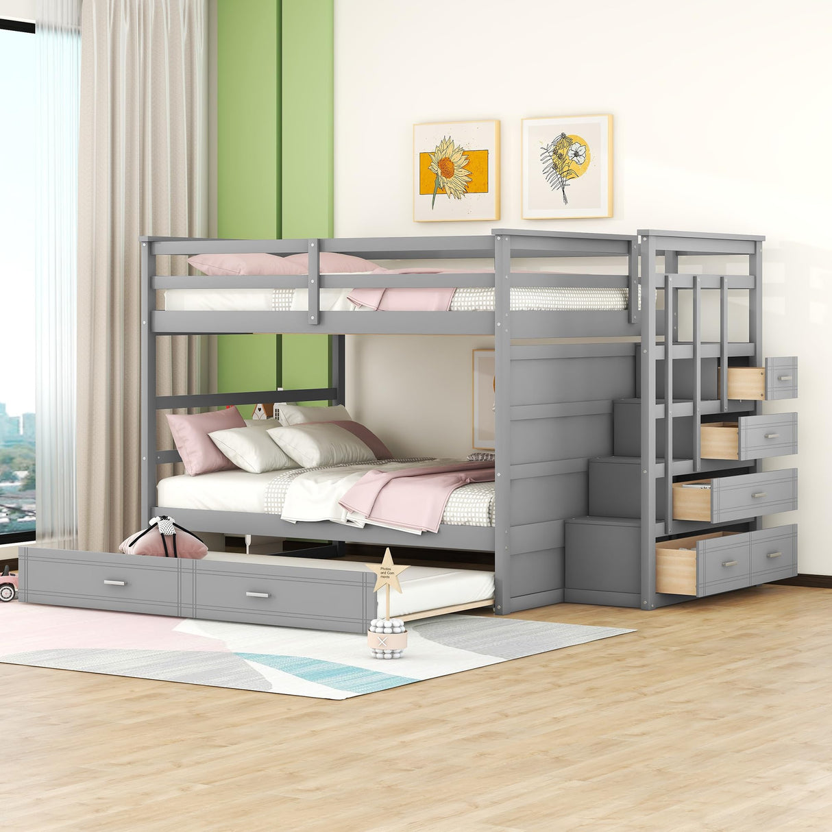 Harper & Bright Designs Full Over Full Bunk Bed with Twin Size Trundle and Stairs, Kids Bunk Beds with Storage Drawers, Wood Full Bunk Beds with Trundle and Guardrail for Kids Teens Adults, Gray Harper & Bright Designs