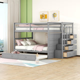 Full Over Full Bunk Bed with Stairs and Trundle, Kids Full Size Bunk Beds with Storage Drawers, Wood Trundle Bunk Beds with Guardrail for Kids Teens Adults,Gray Bellemave