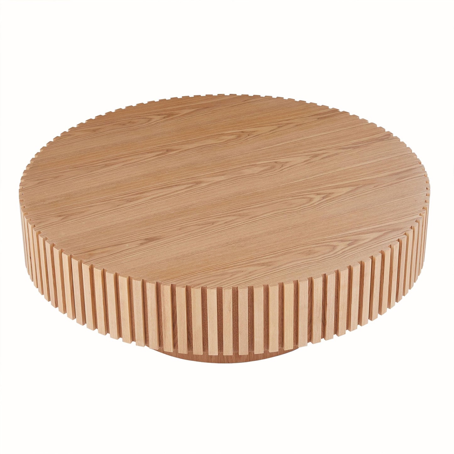 kevinplus 31.49'' Oak Round Coffee Table Modern Wood Coffee Table for Living Room, Contemporary Circle Fluted Drum Coffee Table, Easy Assembly, Oak (ø31.49'' x 13.77'') - WoodArtSupply