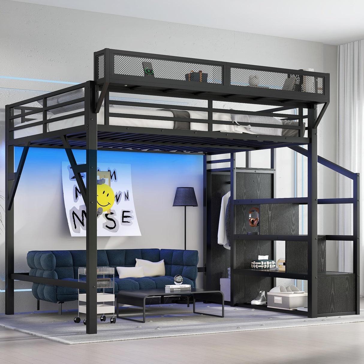 Metal Queen Size Loft Bed with Stairs and Wardrobe,Heavy Duty Loft Bed Frame with LED Lights and Charging Station for for Kids, Teens, Adults,Black Woodgrain Bellemave