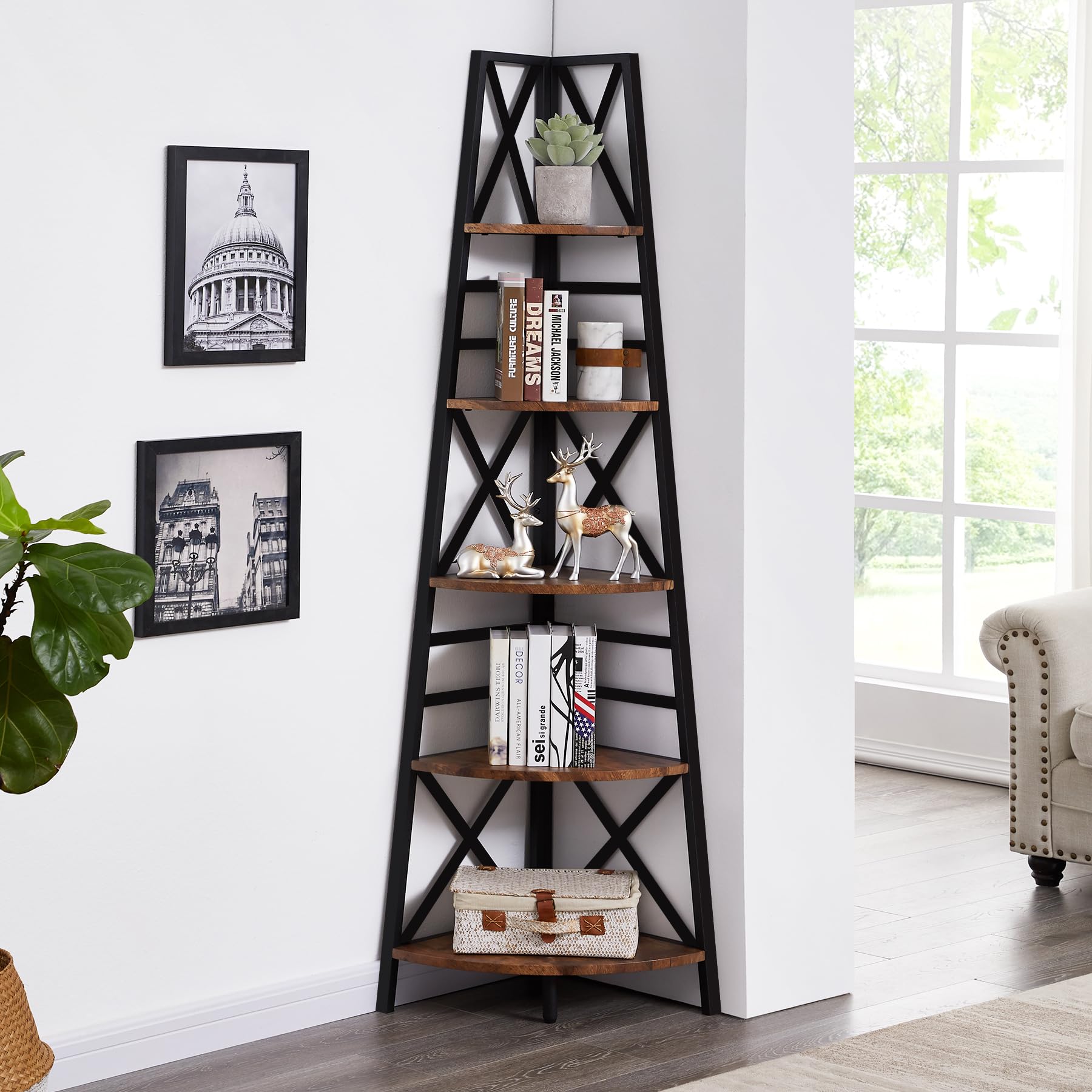 HOMBAZAAR 72-Inch Rustic Brown 5-Tier Corner Bookshelf with Metal Frame - WoodArtSupply