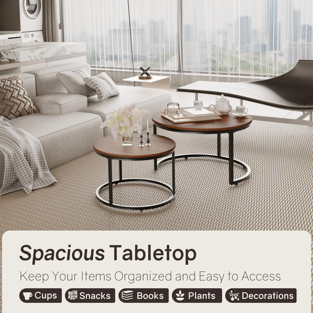 Otterease Nesting Tables Set of 2, 31.5" Round Coffee Table, Small Nesting Coffee Table with Adjustable Non-Slip Fee, Wood Grain Top Nesting Tables for Living Room, Bedroom (Wood Grain Brown) Otterease