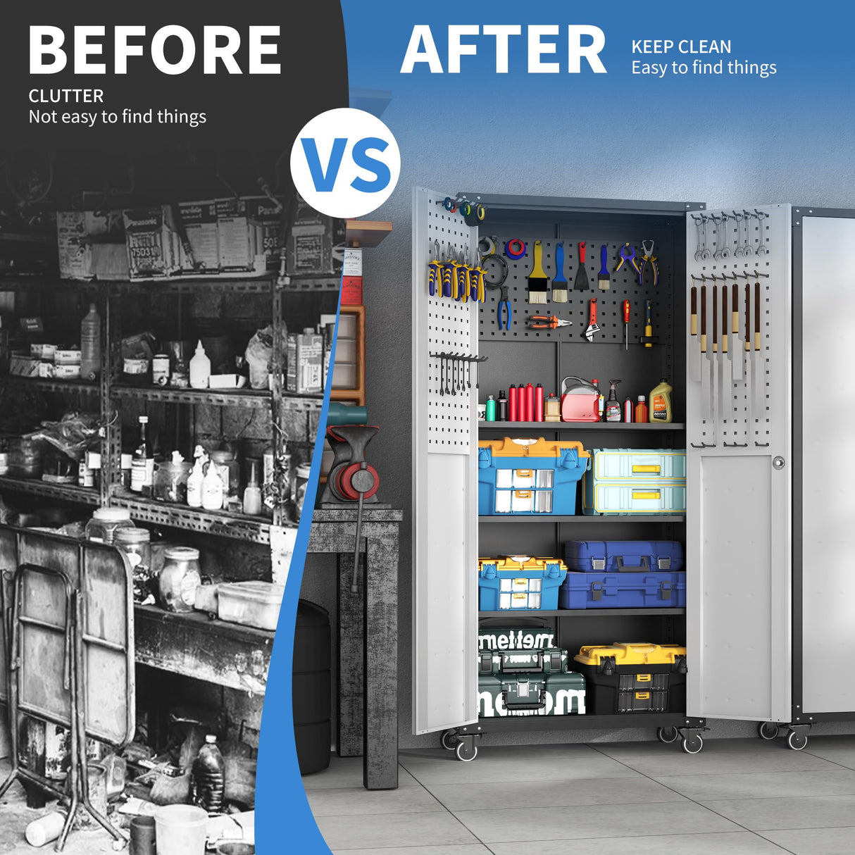 BIZOEIRON 71''H Garage Metal Storage Cabinet,Tall Cabinet with Doors,Black Garage Storage Cabinet with 3 Adjustable Shelves and Wheels,Rolling Tool Storage Cabinet for Warehouse, Office, Garage BIZOEIRON