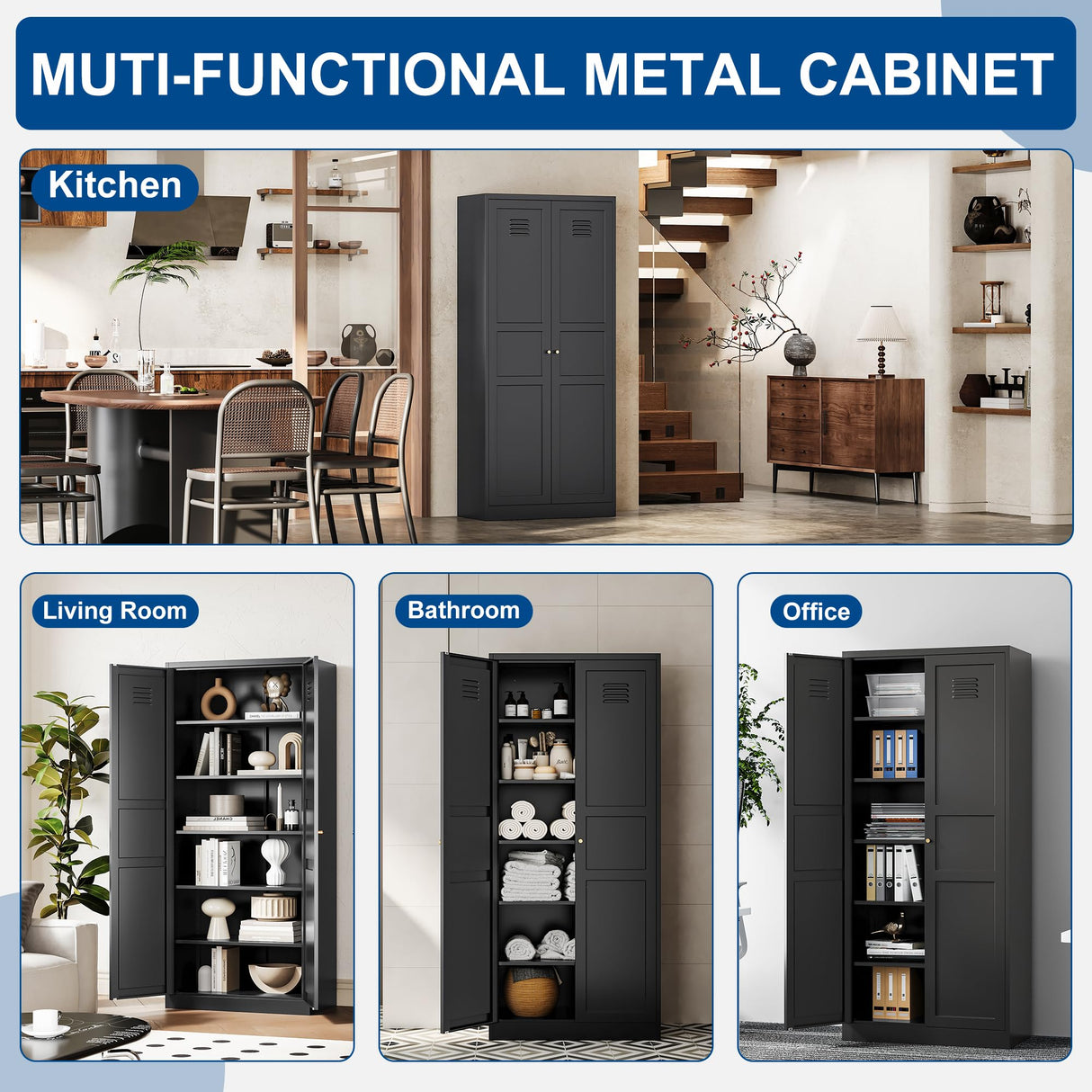 Fesbos Metal Storage Cabinet-71” Tall Steel File Cabinets with Doors and 5 Adjustable Shelves-Black Steel Storage Cabinet for Home,Kitchen, School, Office, Garage Fesbos