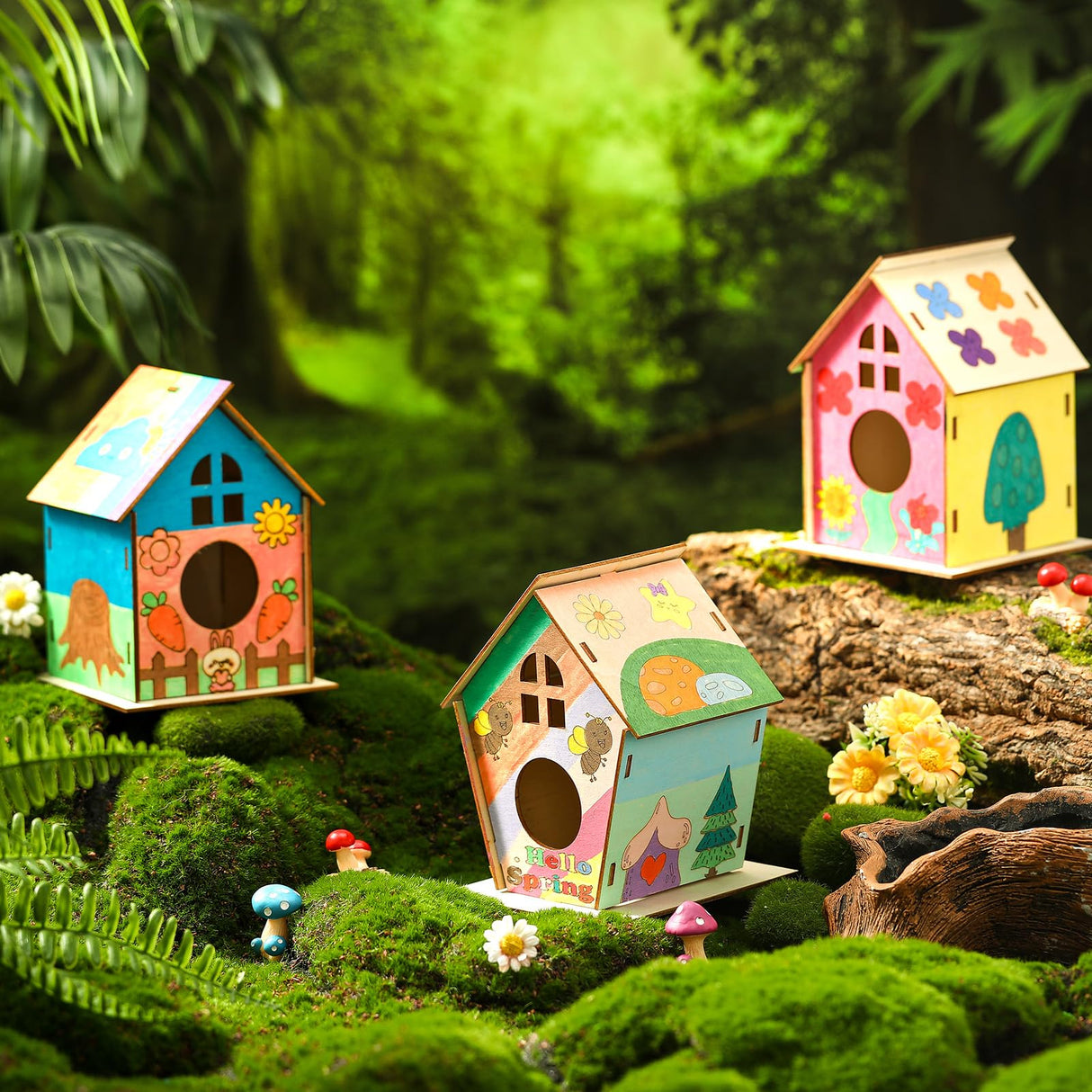 Qunclay 18pcs DIY Birdhouse Kit to Build and Paint Unfinished Wooden Bird House Wood Arts Craft with Colorful Painting Pens DIY Craft Project Kits for Spring Summer Party Favors Qunclay