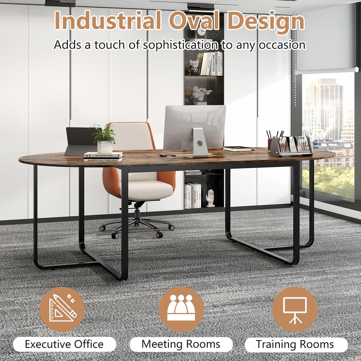 Nightcore 8 FT Oval Conference Table, 95" x 48" x 30" Large Meeting Table with Cable Holes and Strong Metal Frame for Office, Business Style Training Table for 12 People, Rustic Brown & Black Generic